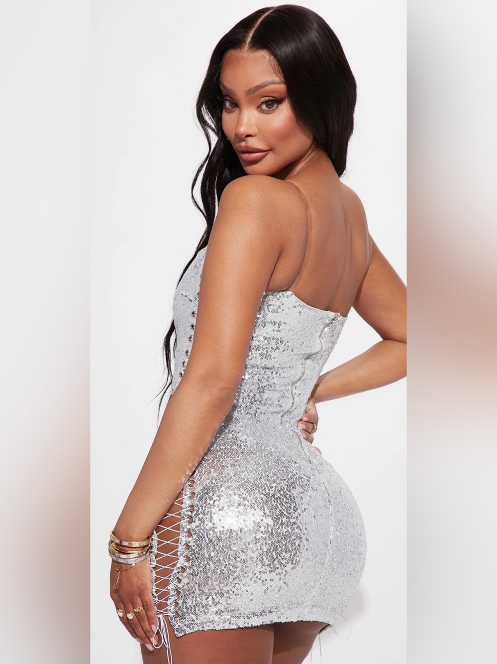 Fashion Nova Silver Sequin Lace-Up Mini Dress - Picture 3 of 4